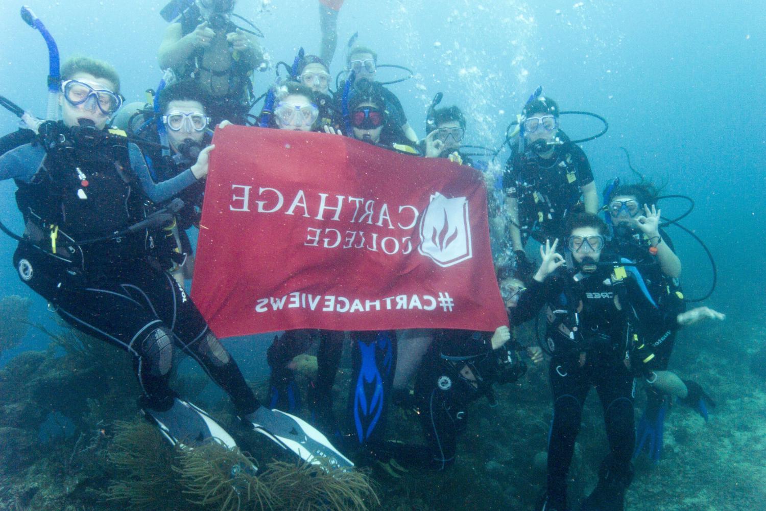 学生们手持<a href='http://cotwxy.bjyhk120.com'>博彩网址大全</a>旗帜，在j学期洪都拉斯游学之旅中潜水.